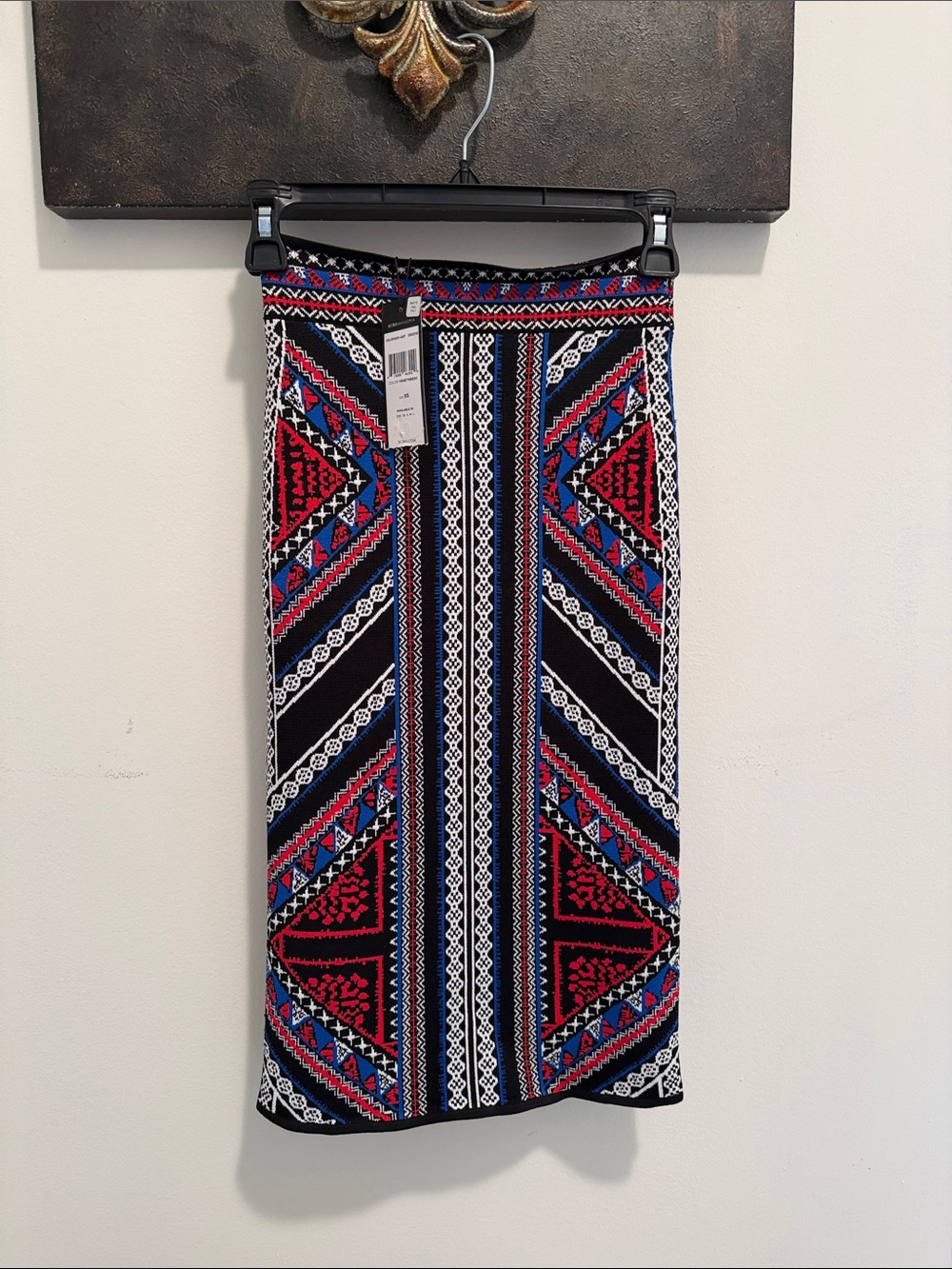 BCBGMaxAzria Black, Red & Blue Geometric Knit Pencil Skirt